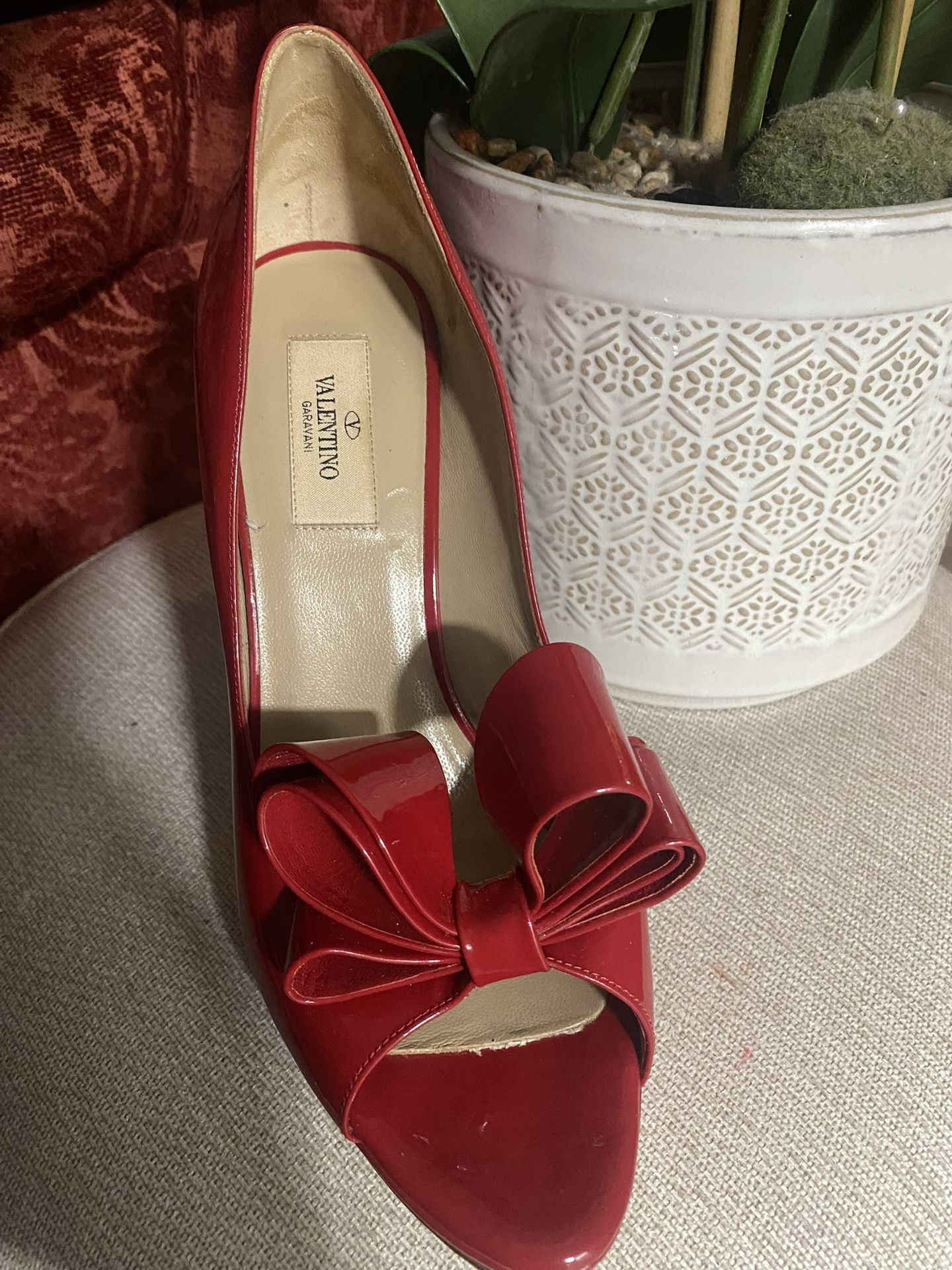 Valentino Garavani red Leather bow peep-toe heels