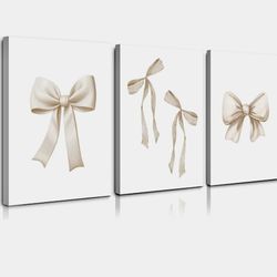 Bow Wall Art Decor Preppy Beige Bow Poster Girly Room Wall Art Prints Beige Bow Knot Wall Decor Coquette Room Picture Pastel Bow Poster for Nursery Gi