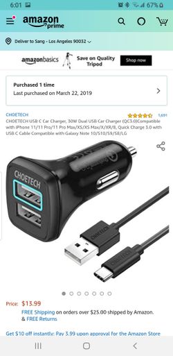 CHOETECH USB C Car Charger, 30W Dual USB Car Charger (QC3.0)