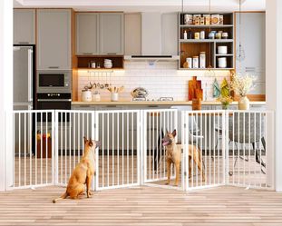 Folding No-Assembly Metal Pet Gate 120" Wide, 32" Extra Tall Dog Gate with Door Walk Through