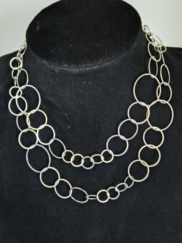 Vintage Sterling Silver Multi Circle Long Necklace 