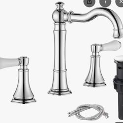 (set Of 2 )Roffenny Porcelain Polished Chrome 8 inch Widespread Bathroom Faucet with Drain | Brass | Lever Handles | Low Lead