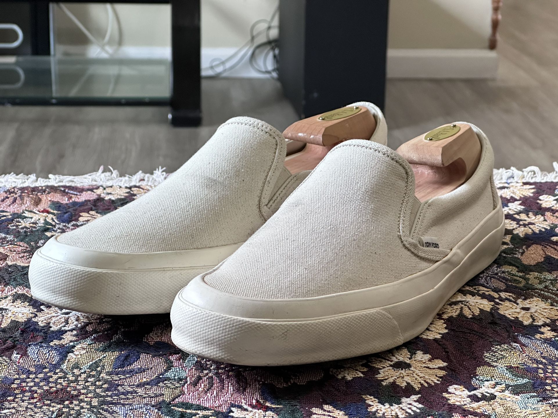 Tom Ford Cambridge Tan Cream Canvas Men Shoes Sneakers Slip On Casual Made Size 12.5 T