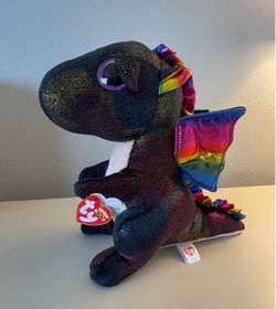 RARE TY beanie Boo Boos ANORA the Black Dragon Plush 9" Glitter Rainbow Sparkle