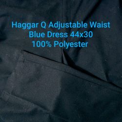 Mens Haggar Q Dark Blue Dress Pants 44x30 Adjustable Waist, 100% Polyester, 4 Pk, Rear Button, Loops. East or West