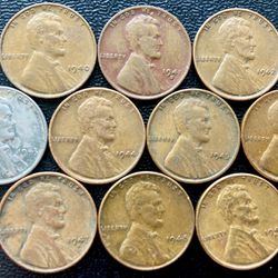 10 Vintage Wheat Cents 40s Set 1940 To 1949 US Coins Steel 1943 WWII Pennies Penny