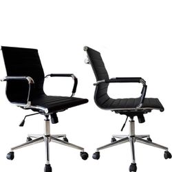 2xhome - Set of 2 Black Modern Mid Back Ribbed PU Leather Swivel Tilt Adjustable Chair Designer Boss Executive Management Manager Office Conference Ro