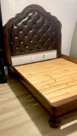 Queen Bed Frame with Tufted Real Leather Headboard