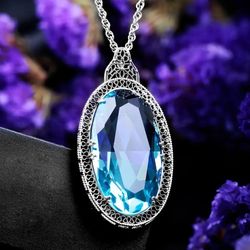 925 Sterling Silver Large Aquamarine,Oval Pendant Necklace