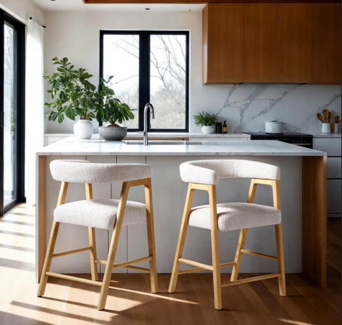 New Set of 2 Counter Stools with Curved Back and Boucle Upholstery Solid Wood