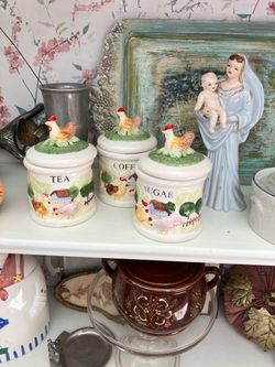 Ceramic Rooster Canister Set Tea Coffee Sugar