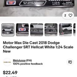 Motor Max Die Cast 2018 Dodge Challenger SRT Hellcat White 1:24 Scale New