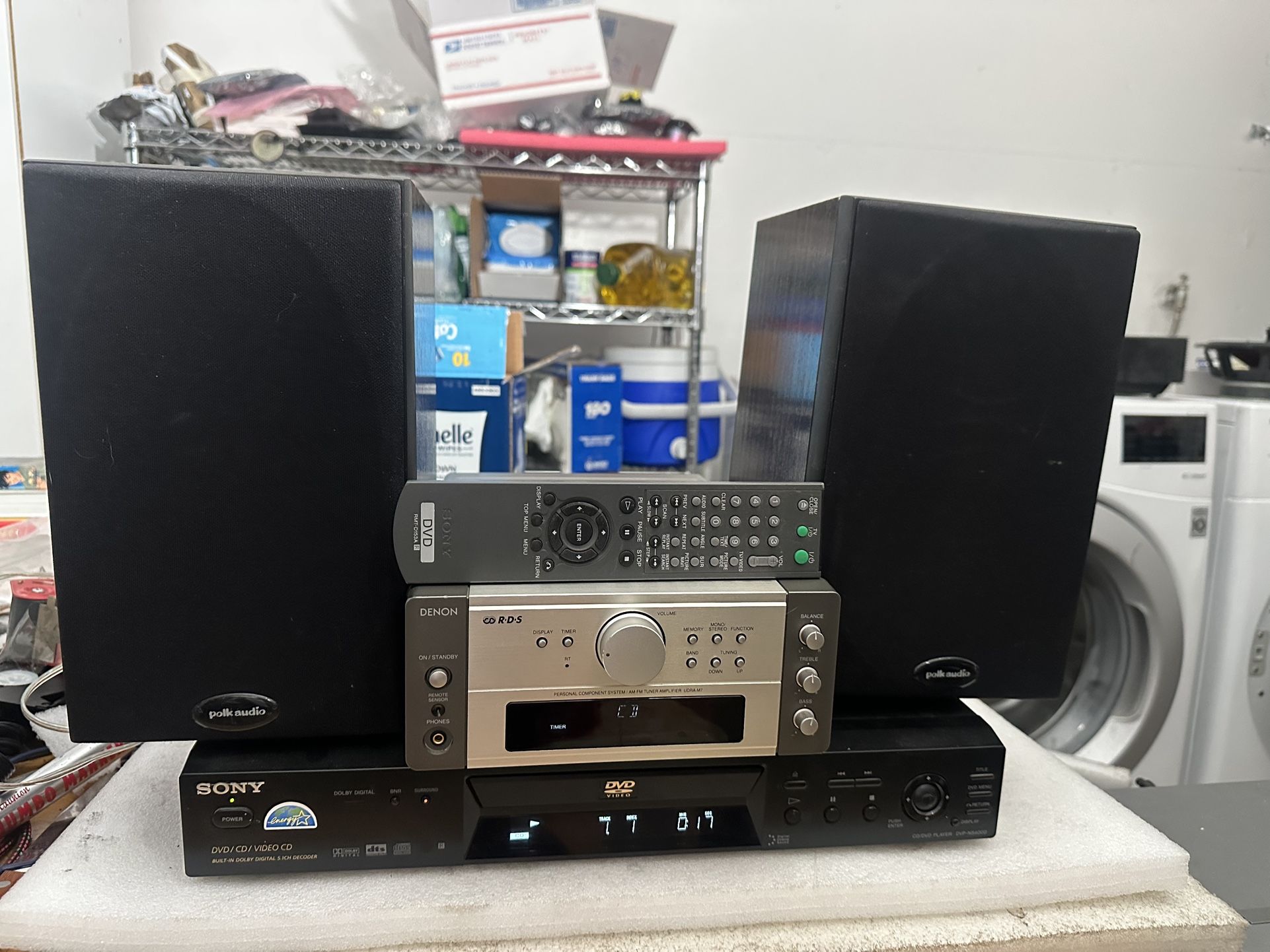 Completed Audio Video System Denon amplifier, PolkAudio Speakers, Sony CD/DVD Player 