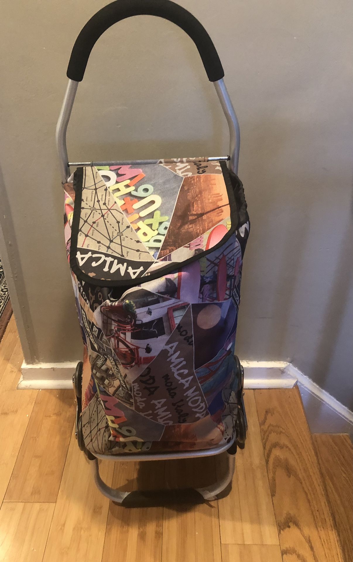 Folding Shopping Cart with Tri-Wheels for Stair Climbing, Grocery Shopping Cart with Cushion Handle, Removable Canvas Bag, 
