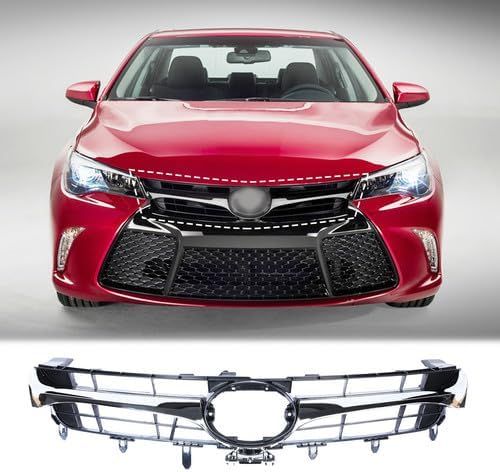 Front Bumper Upper Grille Fits For 2015 2016 2017 Toyota Camry LE XLE SE XSE W/Chrome Molding Trim, Front Upper Hood Grill Replace 5310106611,53101064