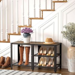 3-Tier Shoe Bench, Shoe Rack Shoe Organizer, 29" Wooden Shoe Bench for Front Door, Storage Entry Bench with Mesh Shelves Wood Seat, Hold Boot