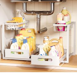 Under Sink Organizer 2 Pack,Metal Pull Out Cabinet Organizer Shelf,Kitchen Bathroom Organizers and Storage with Sliding Drawer,Storage Shelves,Storage