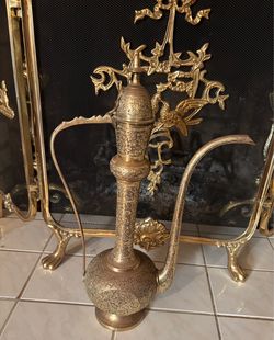 Vtg Brass Aftaba Ewer Dallah 19”India Intricate Etched Teapot Pitcher Decor