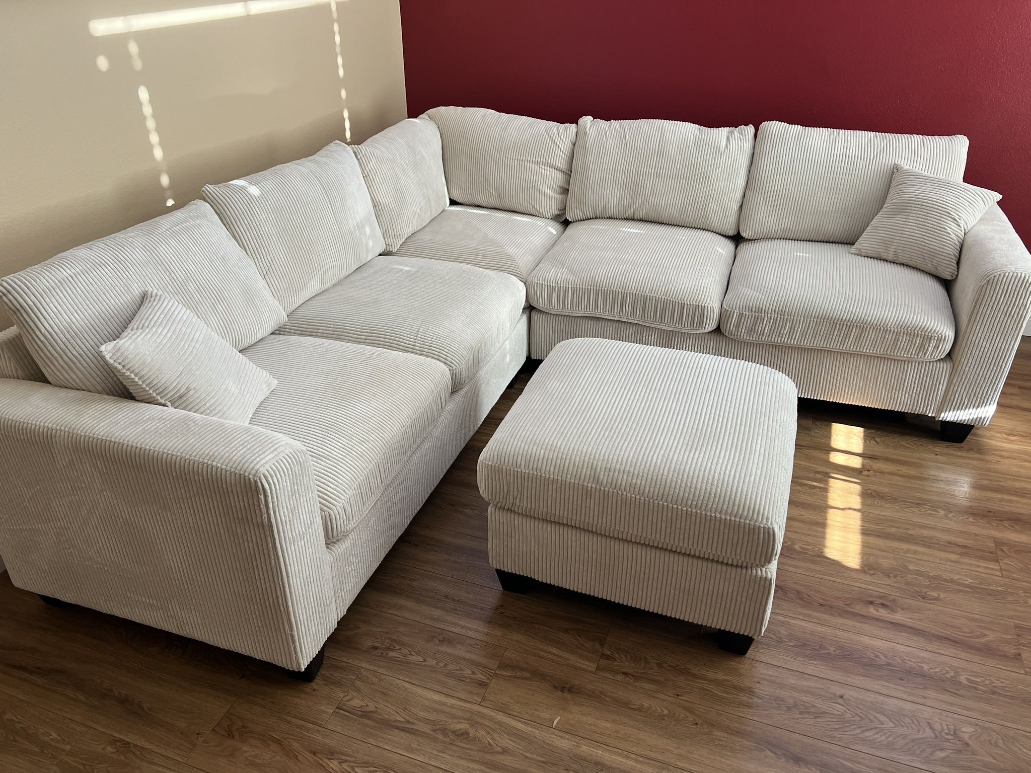New Corduroy Fabric Sectional. Off White / Beige. 99” X 99”. Free Delivery!