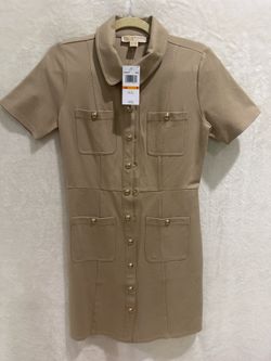 Michael Kors Beige Short Sleeve Button-Front Dress with Gold Buttons