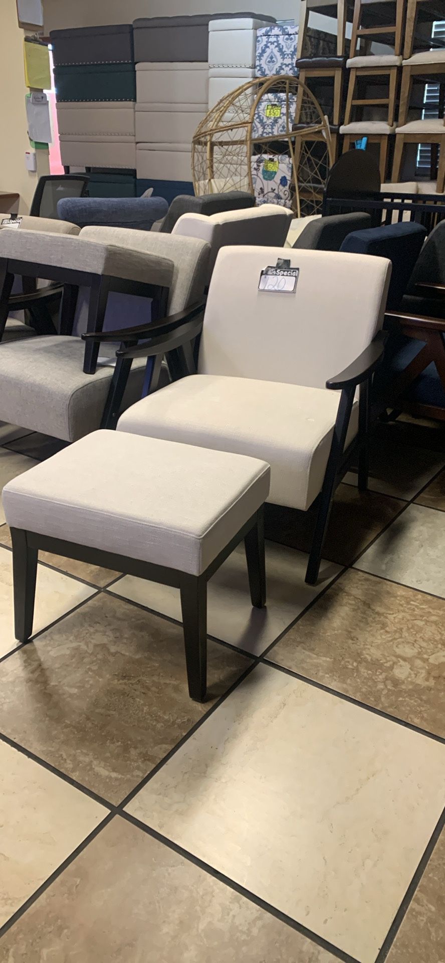 Brand New Accent Chair With Wooden Arm Rest And Ottoman Foot Rest 