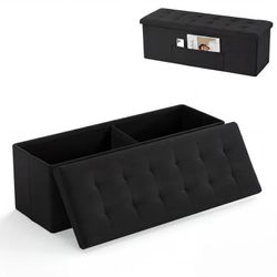 ► 43” Folding Storage Ottoman Bench, Linen End of Bed Bench with Padded Seat, Pocket Black
