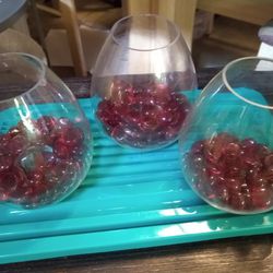 3 Glass Containers with Red Glass Stones