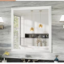 KIOTEE 32”x36” White Framed Bathroom Vanity Mirror, Wall Mounted Tempered Glass