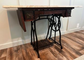 Antique Cast Iron Sewing Machine Treadle Console Table with Marble Top