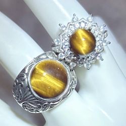AAA Grade Natural Tiger’s Eye Gemstones Statement Silver Rings (2-pieces set)