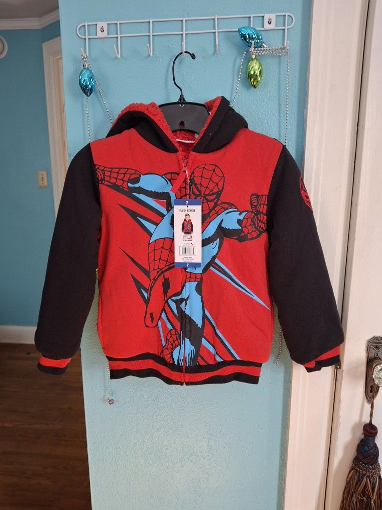 Marvel Spiderman Plush Hoodie Jacket Boys Sz 7 New WT