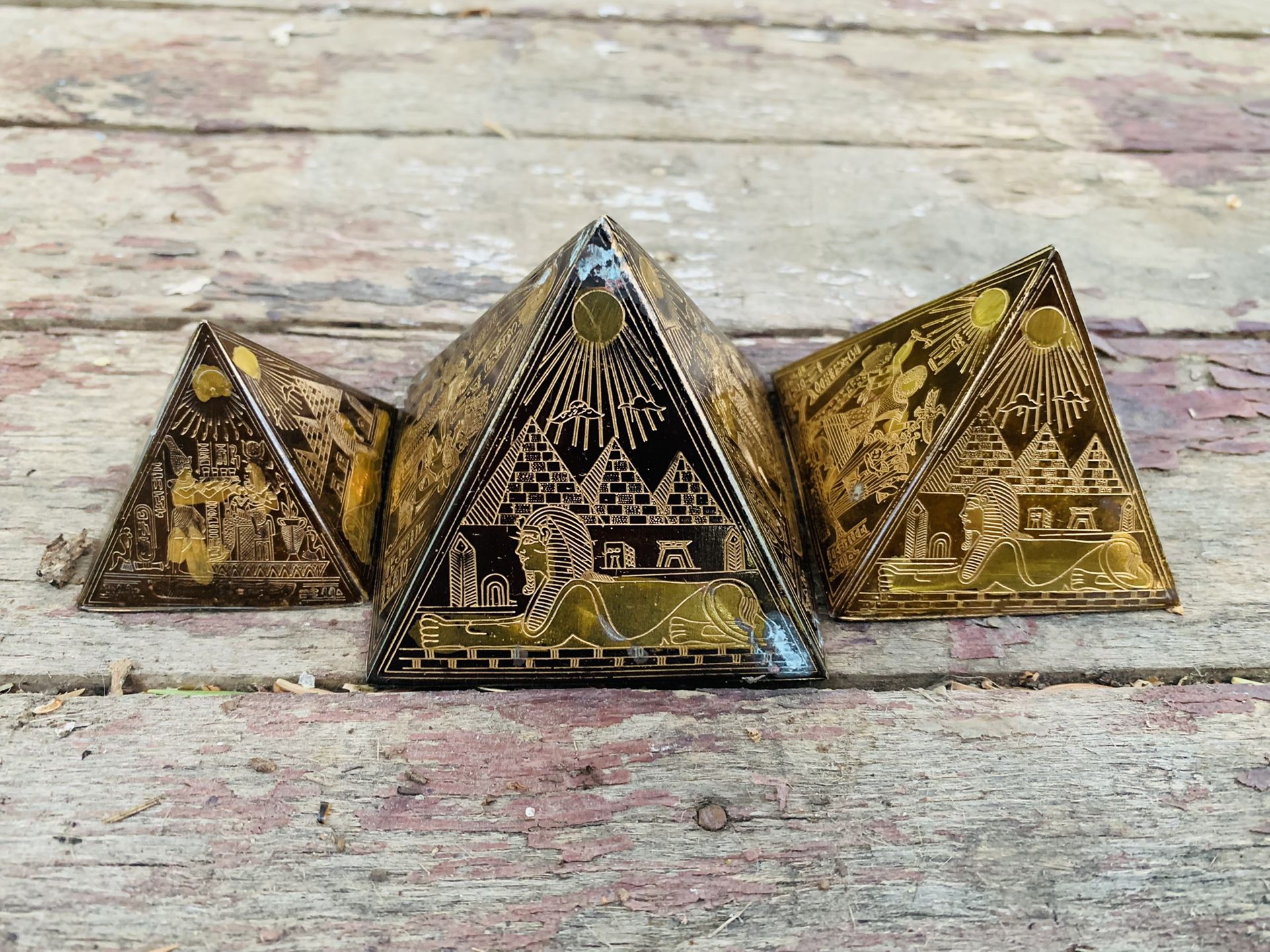 Egyptian Revival Brass Etched Pyramid Paperweights And Urn 