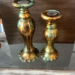 Pier 1  Smokey Brown Teal And Gold Candle Holders