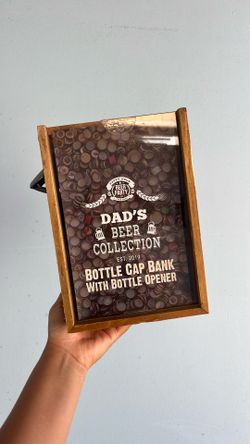 Wooden bottle cap bank with bottle opener