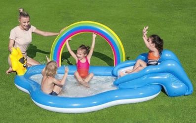 Kids Play Pool Bestway H2OGO! Rainbow 'n Shine Play Pool Center, one pool, one slide, repair patch, one pc of water watcher tag.