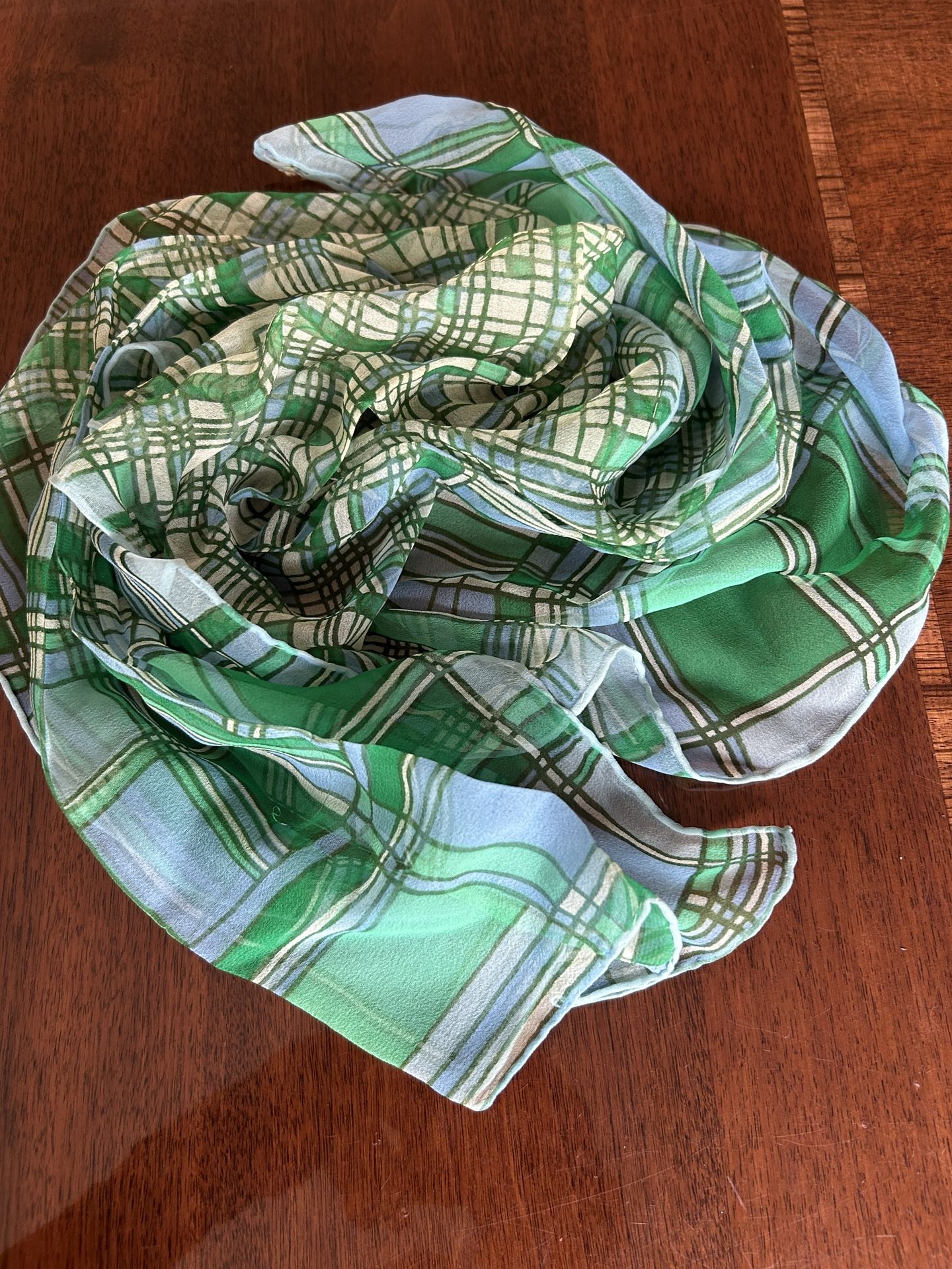 Scarf ladies, accessory sheer vintage collectible, geometric pattern, hand rolled and hands stitched edges 14” x 42”