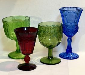 Vintage Glass Goblets:  1970s Federal for FTD, 1950s Bartlett-Collins, 1976 Fostoria for Avon, 1960s-‘70s Viking