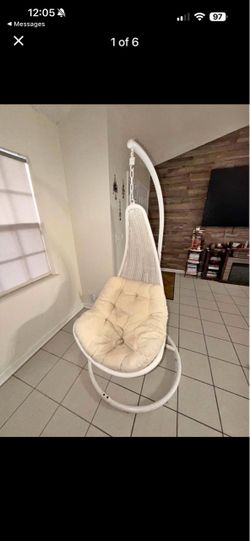 Hanging Egg Chair with Stand – White Wicker, Cream Cushion