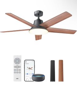 New 52”W 12 Speeds &3 Fan Modes,Stepless,Dimmable LED Light,Timer,22dB Quiet DC Reversible Motor