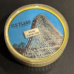 Six Flags Round Playing Cards Them Park Vintage Deck Souvenir. 3” diameter 