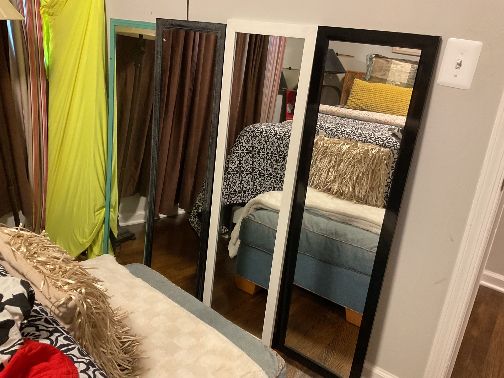 Four Closet Mirrors, Green A A Black (50” Tall X 14” Wide), One Black, One White (52” Tall X 15” Wide) 2 Plain Ones  For A Garage Gym (60” Tall X 16” 