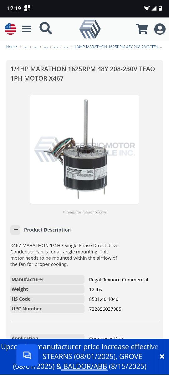 X467 MARATHON 1/4 HP Single Phase Direct drive Condenser