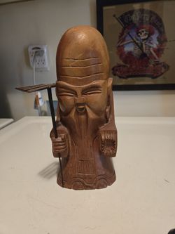Asian Hand Carved Solid Wood Fukurokuju Seven Lucky Gods Figurine 