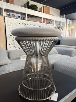 Modern Wire Frame Accent Stool with Cushion Seat – Silver & Light Gray