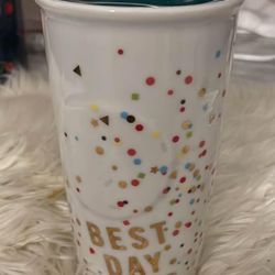 NWOT Rare 2015 Starbucks Best Day Ever Metallic Confetti Ceramic Lid