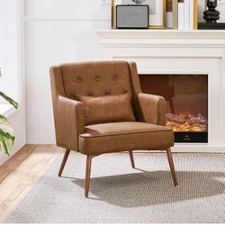 Accent Chair, Living Room Chair Mid Century PU Leather Armchair Lumbar Pillow, Comfy Upholstered Reading Chair Wood Leg Bedroom Lounge Brown