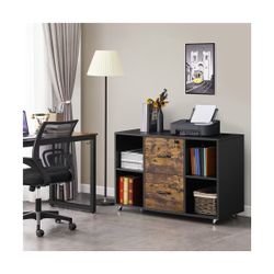 Vintage File Cabinet with 2 Drawers and 4 Open Storage Shelves,Black/ Rustic Brown 