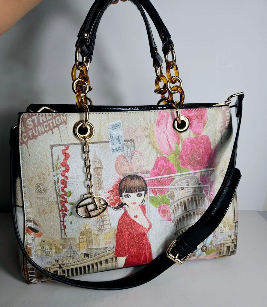 Rimen & Co Tote Style Black Purse Hand Bag W/Italian Scene.