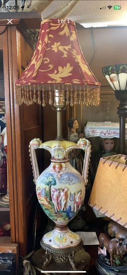 Vintage Ornate Hand-Painted Urn Table Lamp with Crystal Fringe Shade