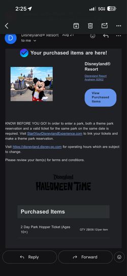 4 two day Disneyland Anaheim park hopper tickets